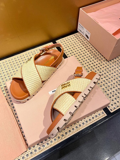 Женские кожаные сандалии MIU MIU Premium - Brown   