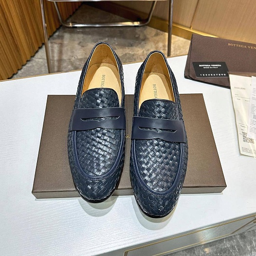 Мужские кожаные лоферы Bottega Veneta Intrecciato - Navy   