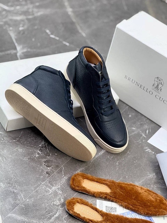 Кожаные кроссовки с меховой стелькой Brunello Cucinelli