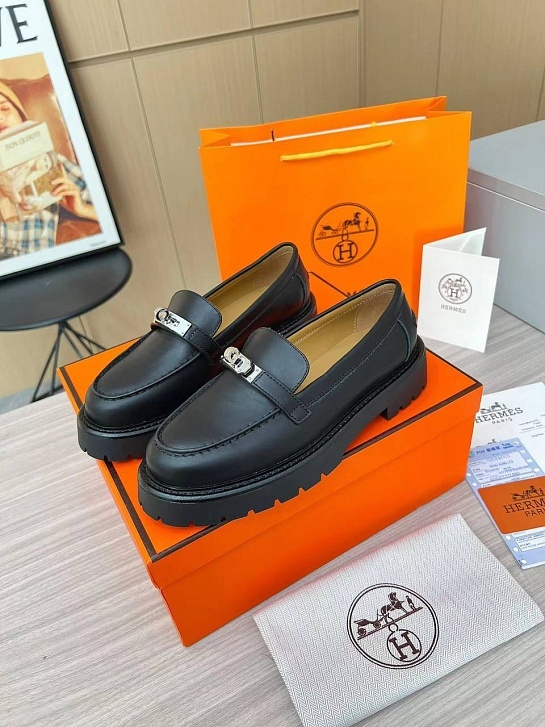 Женские кожаные лоферы Hermes Premium - Black