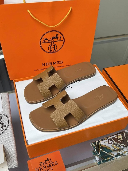 Женские кожаные шлёпанцы Hermes Premium - Chestnut