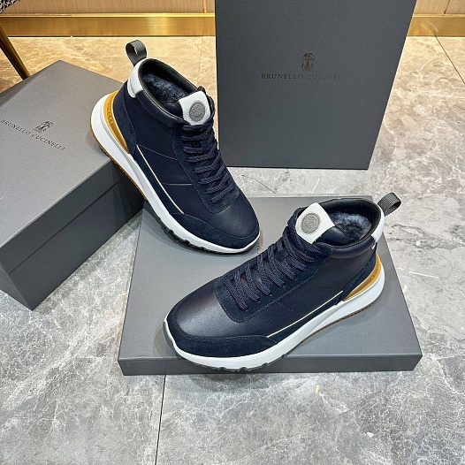 Кожаные кроссовки с мехом Brunello Cucinelli high-top - Navy   