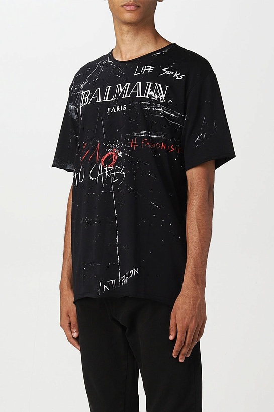 Мужская чёрная футболка Balmain graffiti-print
