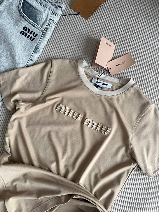 Женская бежевая футболка MIU MIU premium