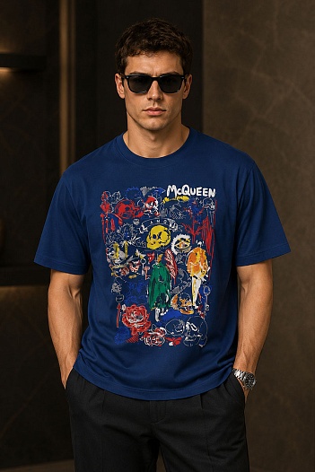 Мужская синяя футболка Alexander McQueen graphic skull   