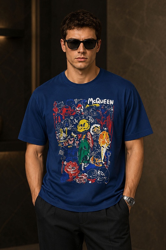 Мужская синяя футболка Alexander McQueen graphic skull