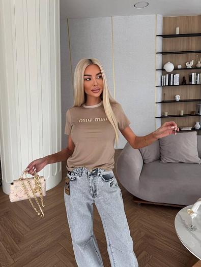 Женская бежевая футболка MIU MIU premium   