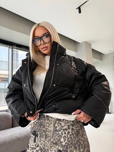 Женская пуховая куртка из эко кожи Chrome Hearts   