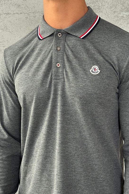 Серое поло с длинным рукавом Moncler logo-patch