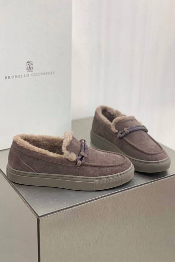 Женские замшевые лоферы с мехом Brunello Cucinelli Premium - Brown   