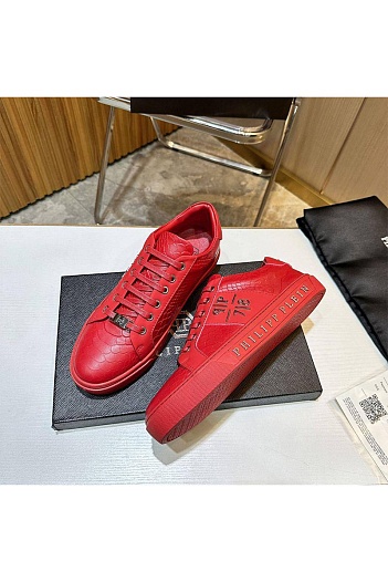 Мужские кожаные кроссовки Philipp Plein красного цвета   