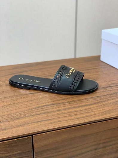 Женские кожаные шлёпанцы Dior Premium - Black   