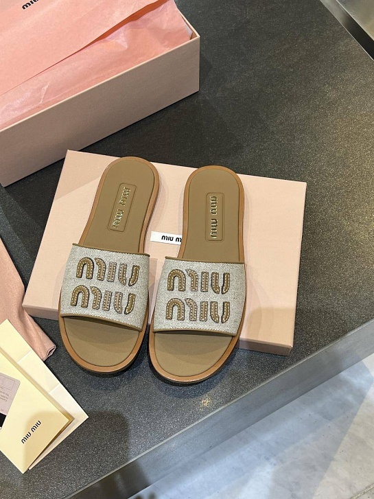 Женские кожаные шлёпанцы MIU MIU Premium - Brown