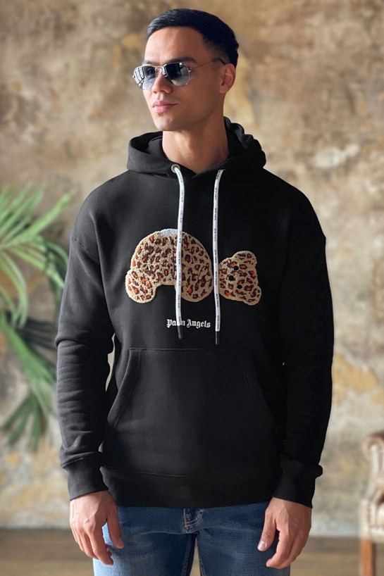 Мужское худи Palm Angels Leopard Teddy Bear - Black