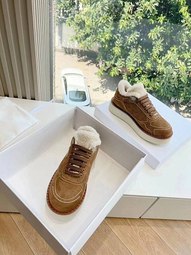 Женские замшевые кроссовки с мехом Prada Premium - Chestnut   