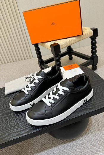 Мужские кожаные кроссовки Hermes Kid - Black   