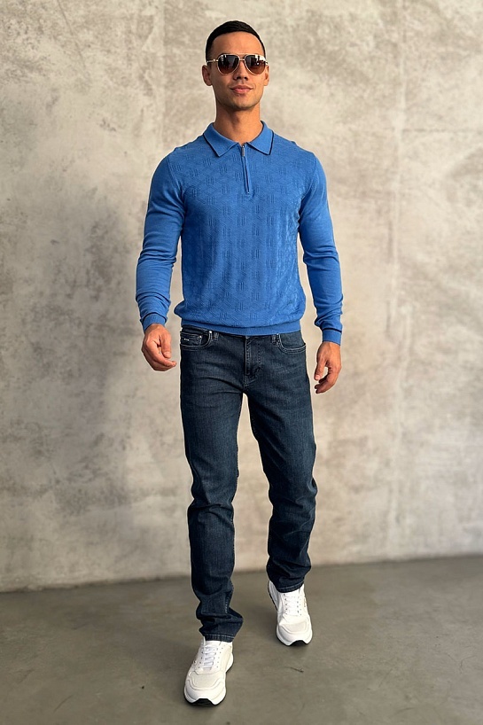 Синее поло с длинным рукавом Stefano Ricci zip-up