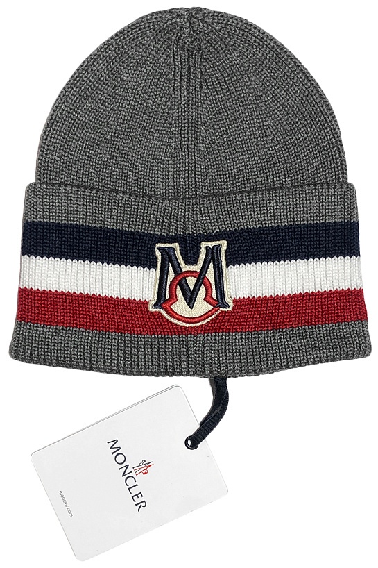 Мужская брендовая шапка Moncler серого цвета