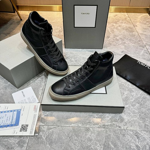 Кожаные кроссовки с мехом Tom Ford high-top - Black   
