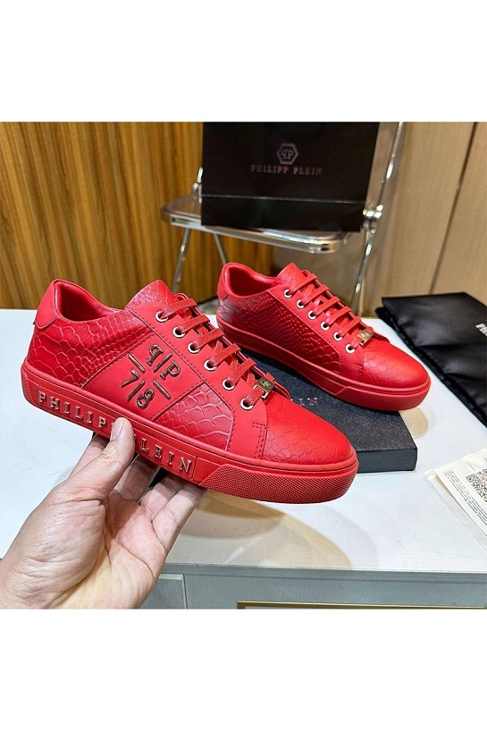 Мужские кожаные кроссовки Philipp Plein красного цвета
