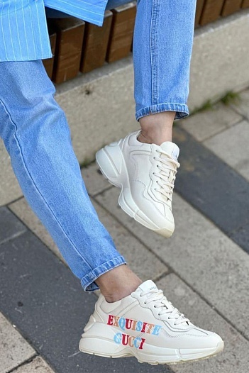 Женские кожаные кроссовки Gucci Rhyton Exquisite - Beige   