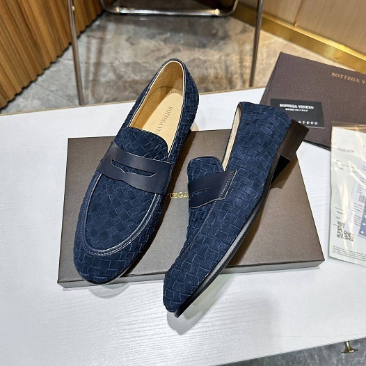 Мужские замшевые лоферы Bottega Veneta Intrecciato - Navy   
