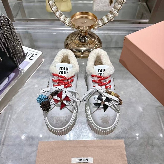 Женские кожаные кроссовки с мехом MIU MIU premium   
