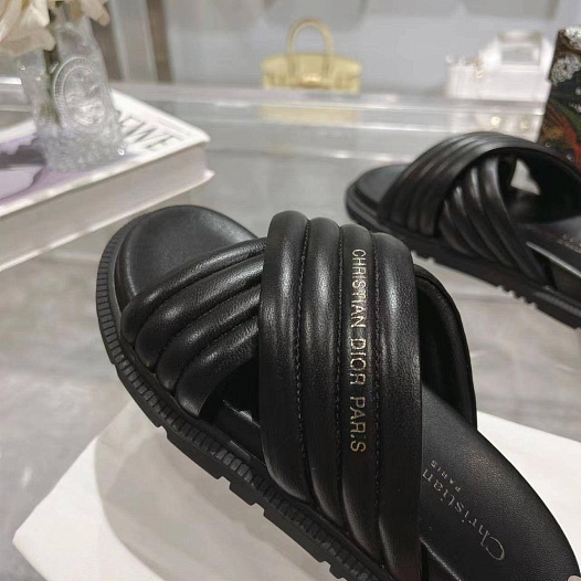 Женские кожаные шлёпанцы Dior D-Cross - Black   