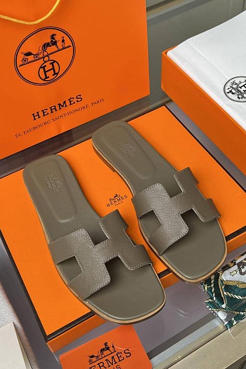 Женские кожаные шлёпанцы Hermes Premium - Brown   