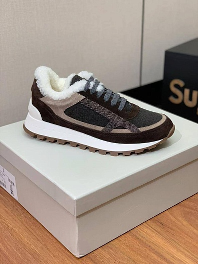 Женские замшевые кроссовки с мехом Brunello Cucinelli premium   