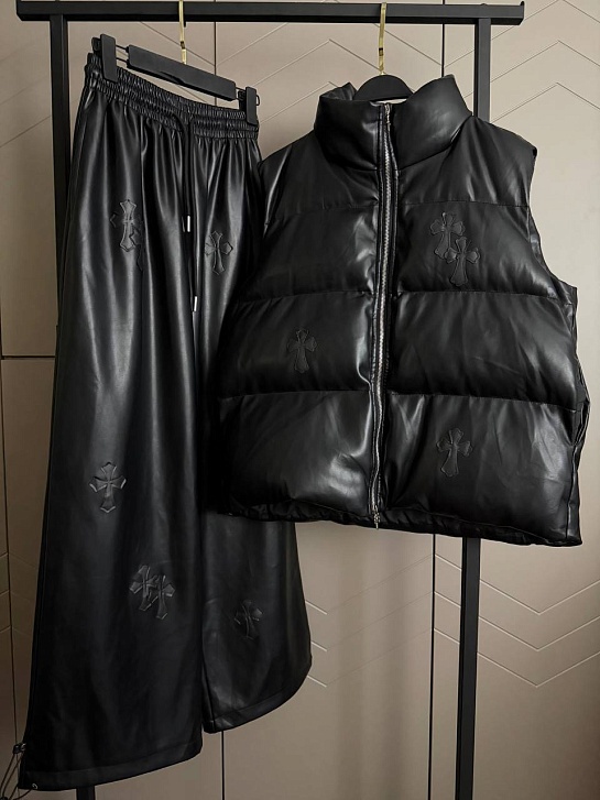 Женский пуховой жилет из эко кожи Chrome Hearts Premium