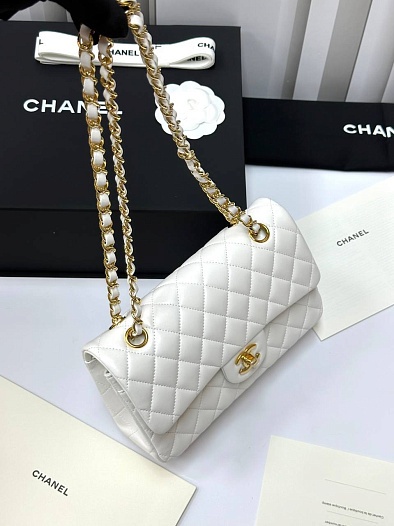 Женская кожаная сумка Chanel Premium 23x14.5x6 см - White / Gold   