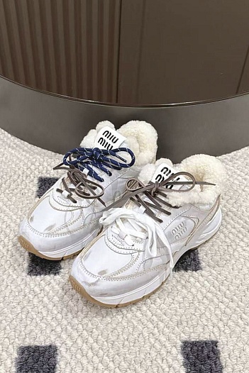 Женские кожаные кроссовки с мехом MIU MIU premium   