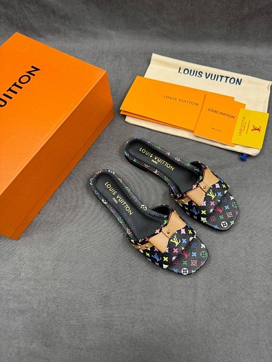 Женские кожаные шлёпанцы Louis Vuitton x Takashi Murakami Multicolore premium   