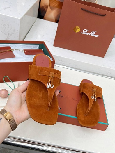 Женские замшевые шлёпанцы Loro Piana Premium - Brown   