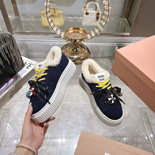 Женские замшевые кроссовки с мехом MIU MIU premium   