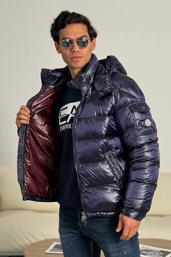 Тёмно-синий пуховик Moncler Maya logo-patch