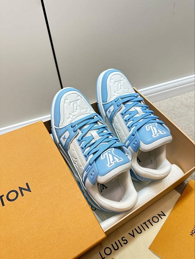 Женские кожаные кроссовки Louis Vuitton Trainer Monogram - White / Blue   