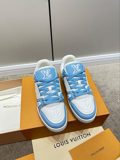 Женские кожаные кроссовки Louis Vuitton Trainer Monogram - White / Blue   