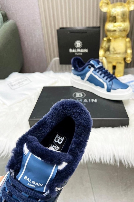 Кожаные кроссовки с мехом Balmain low-top - Blue / White
