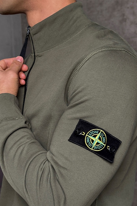 Мужская зелёная кофта с патчем на плече Stone Island Zip Neck