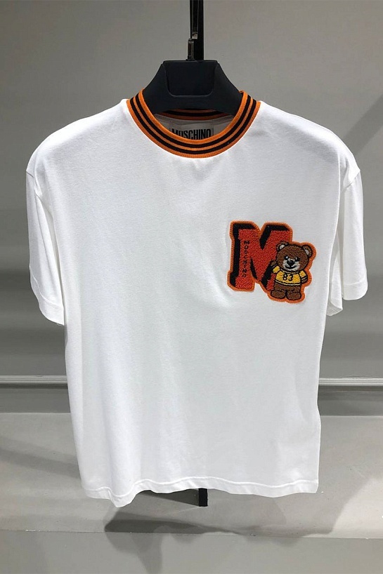 Белая мужская футболка Moschino flocked bear logo