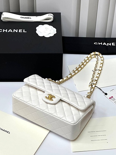 Женская кожаная сумка Chanel Premium 23x14.5x6 см - White / Gold   