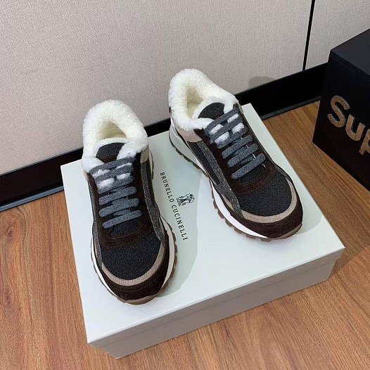 Женские замшевые кроссовки с мехом Brunello Cucinelli premium   