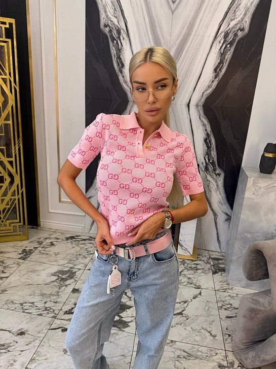 Розовое женское поло Gucci GG monogram-pattern