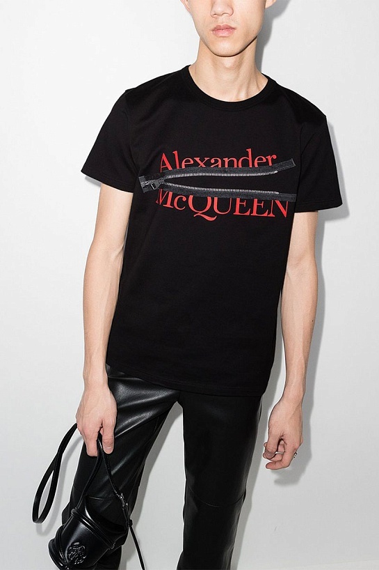 Мужская футболка Alexander McQueen zipped logo - Black