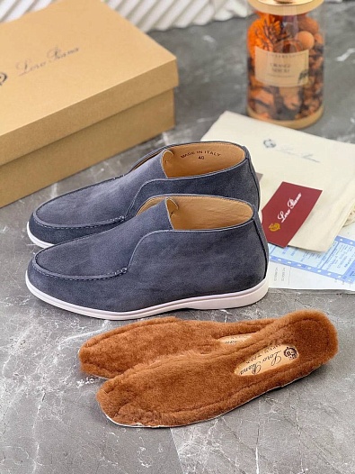 Замшевые лоферы с меховой стелькой Loro Piana Open Walk - Blue   