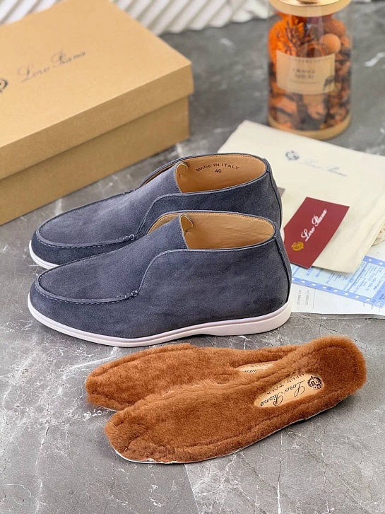 Замшевые лоферы с меховой стелькой Loro Piana Open Walk - Blue