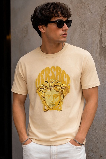 Мужская бежевая футболка Versace Medusa-embroidered   