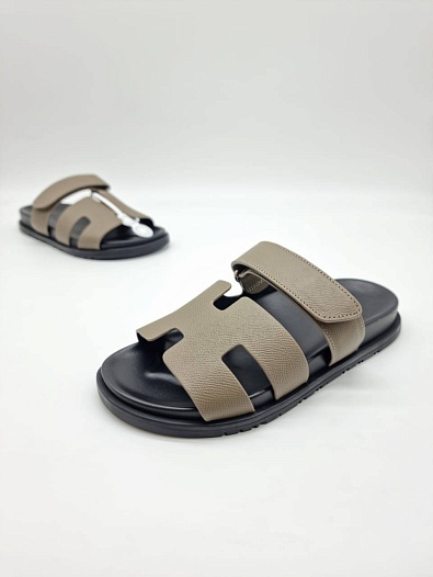 Женские кожаные сандалии Hermes Chypre - Khaki / Black   